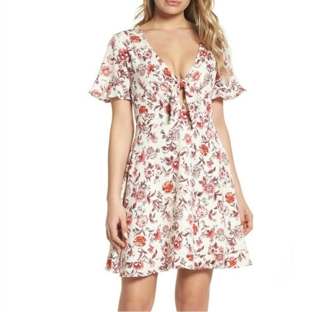NSR Floral Red Print Ruffle Flare Cream Crepe Mini Dress size S